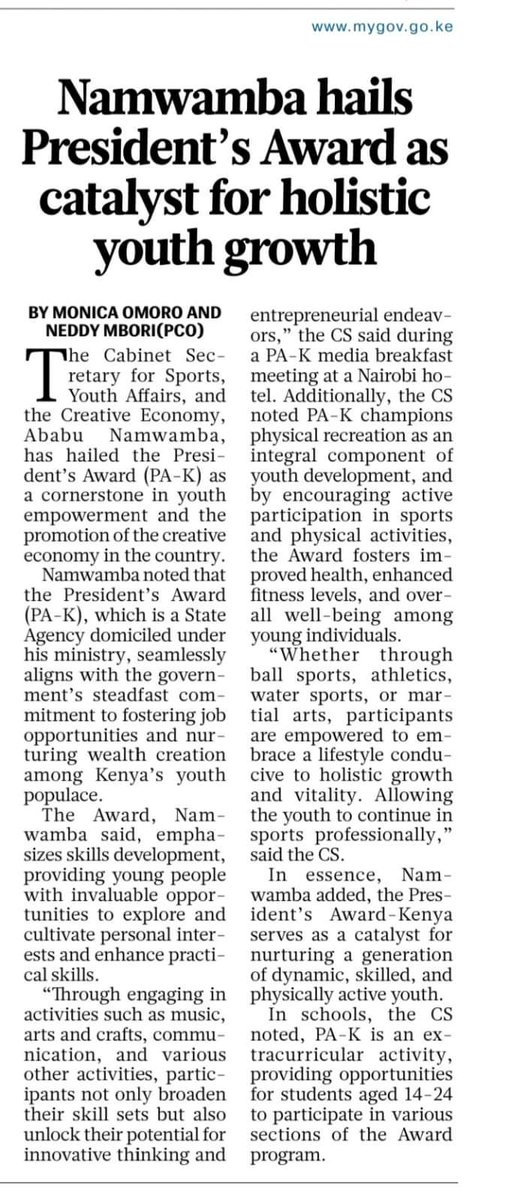 In MyGov, page 8 , inside The Star Newspaper on Tuesday, 19th, March, 2024 @President Award Kenya. #youthempowerment #worldready