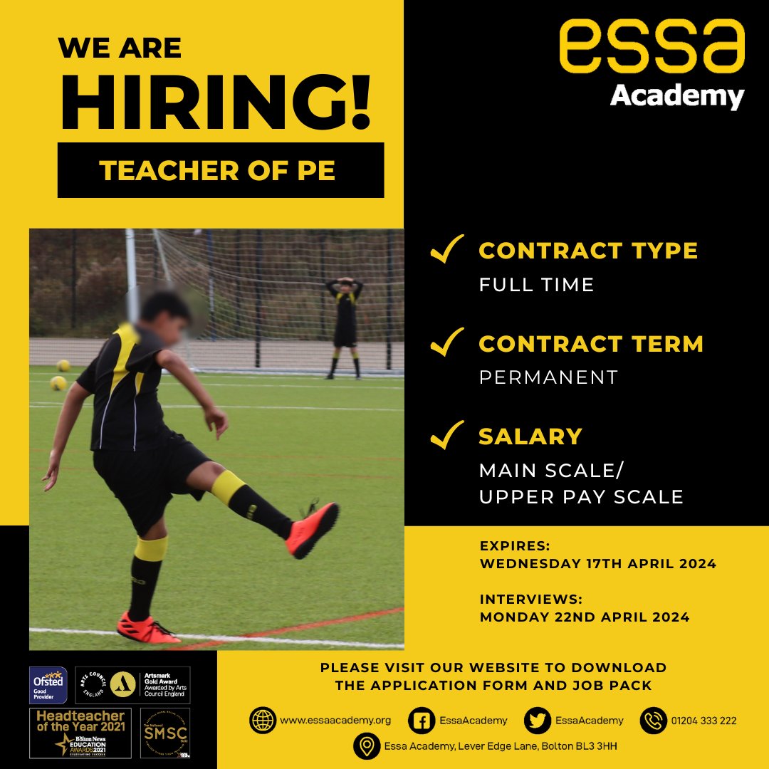 We are seeking a Teacher of PE to join us in September 2024. For more information on this role, please visit our website: essaacademy.org/vacancies