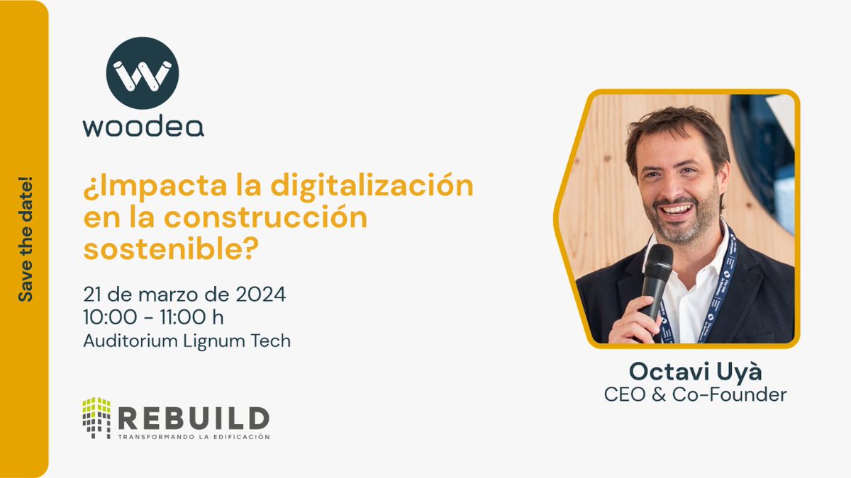 <a href="/rebuildexpo/">REBUILD</a> <a href="/peemedeefe/">Pablo Medina di Fior</a> 🗣 .<a href="/OctaviUya/">Octavi</a>, CEO &amp; Co-Founder, en “¿Impacta la digitalización en la construcción sostenible?”
📅 21 de marzo
🕒 10 h
📍 Auditorium Lignum Tech
