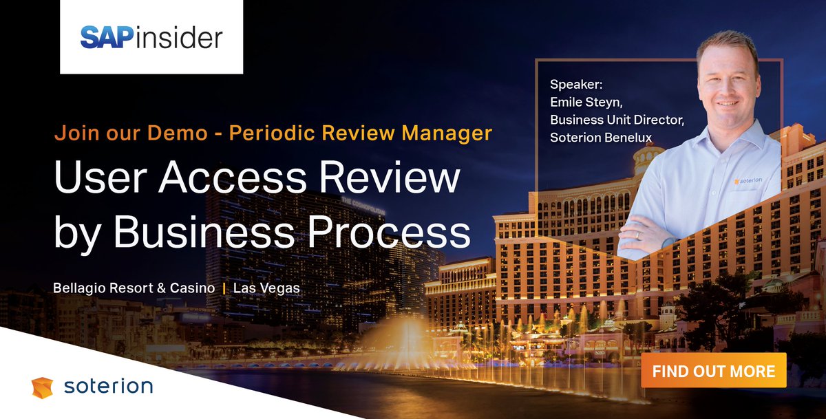 #SAPinsiderLV2024 – 19 March 2:50 pm - 3:05 pm PDT - Join our Business Unit Director @EmileSteyn for a Networking Demo Session.

For more information > soterion.com/blog/sapinside…

#SAP #GRC #Soterion #SAPSecurity #GRCforSAP #LV2024 @SAPinsider