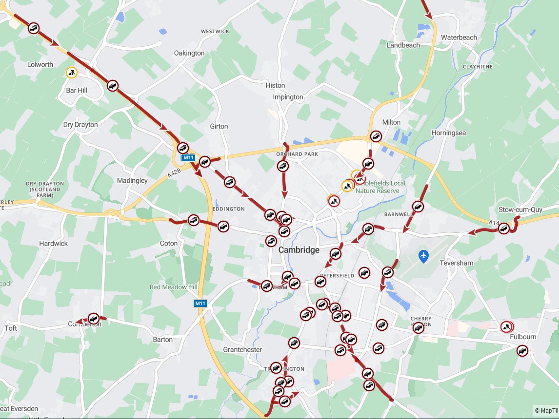 Cambs_Traffic's tweet photo. β #Cambridge
DELAYS heading into the city this morning, the larger delays being on:
#A1303 St Neots Road, #Madingley / #Madingley Road
#A1309 #Hauxton Road / High Street, #Trumpington
#A1307 #Babraham Road / Huntingdon Road
Please allow extra time for your journey. https://t.co/4cZTO4gtO3