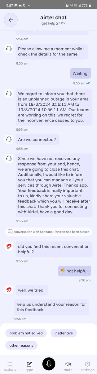 pragam1's tweet photo. @airtelindia @Airtel_Presence see how quickly your customer representative disconnect the call. Didn't even gave proper time to respond. Is this how you are going to achieve customer satisfaction. This is the fourth day this month I am without internet https://t.co/QWSdtVAUZZ