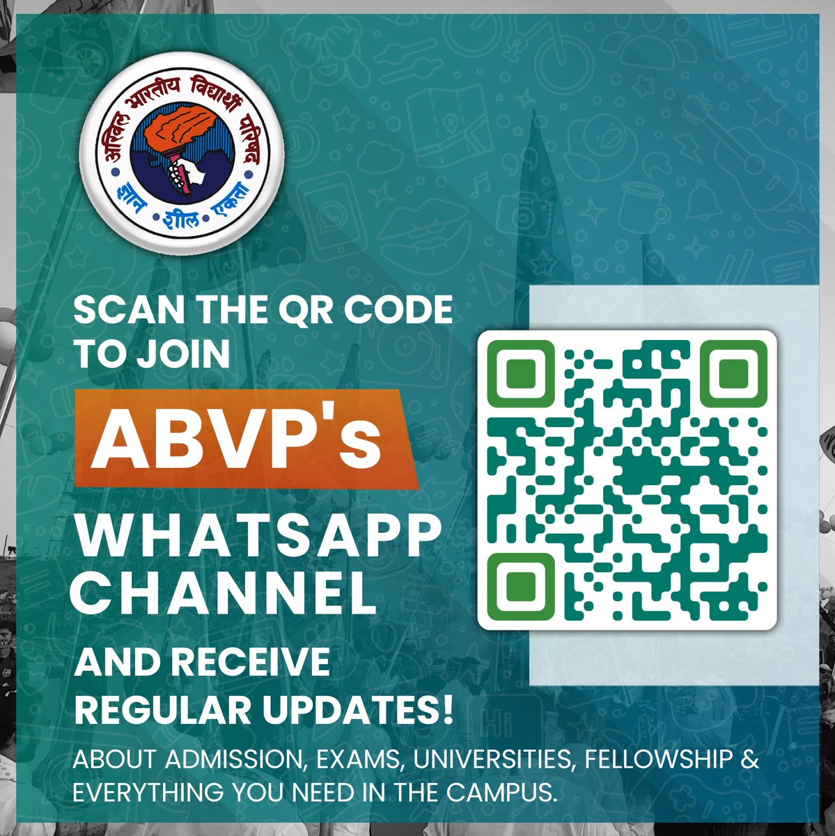 ABVPVoice's tweet photo. Discover a realm of opportunities on our WhatsApp channel!

Prepare for enlightening information about admissions, exams, universities, fellowships, and campus essentials. 🎓

Join the largest Students’ Movement today and be a pioneer of knowledge! https://t.co/SjWDyA6tcZ