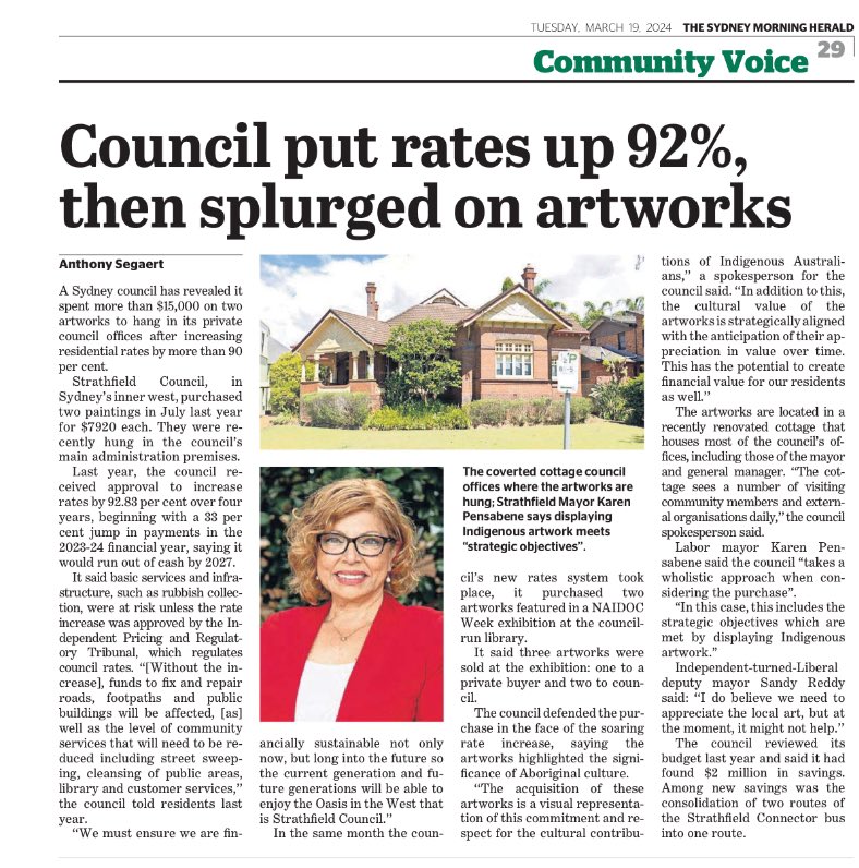 anthonysegaert's tweet photo. from this morning’s paper: Strathfield Council spent more than $15k on art for staff offices in past year despite hiking rates 92 per cent over four years @smh https://t.co/wnyyegCwCl