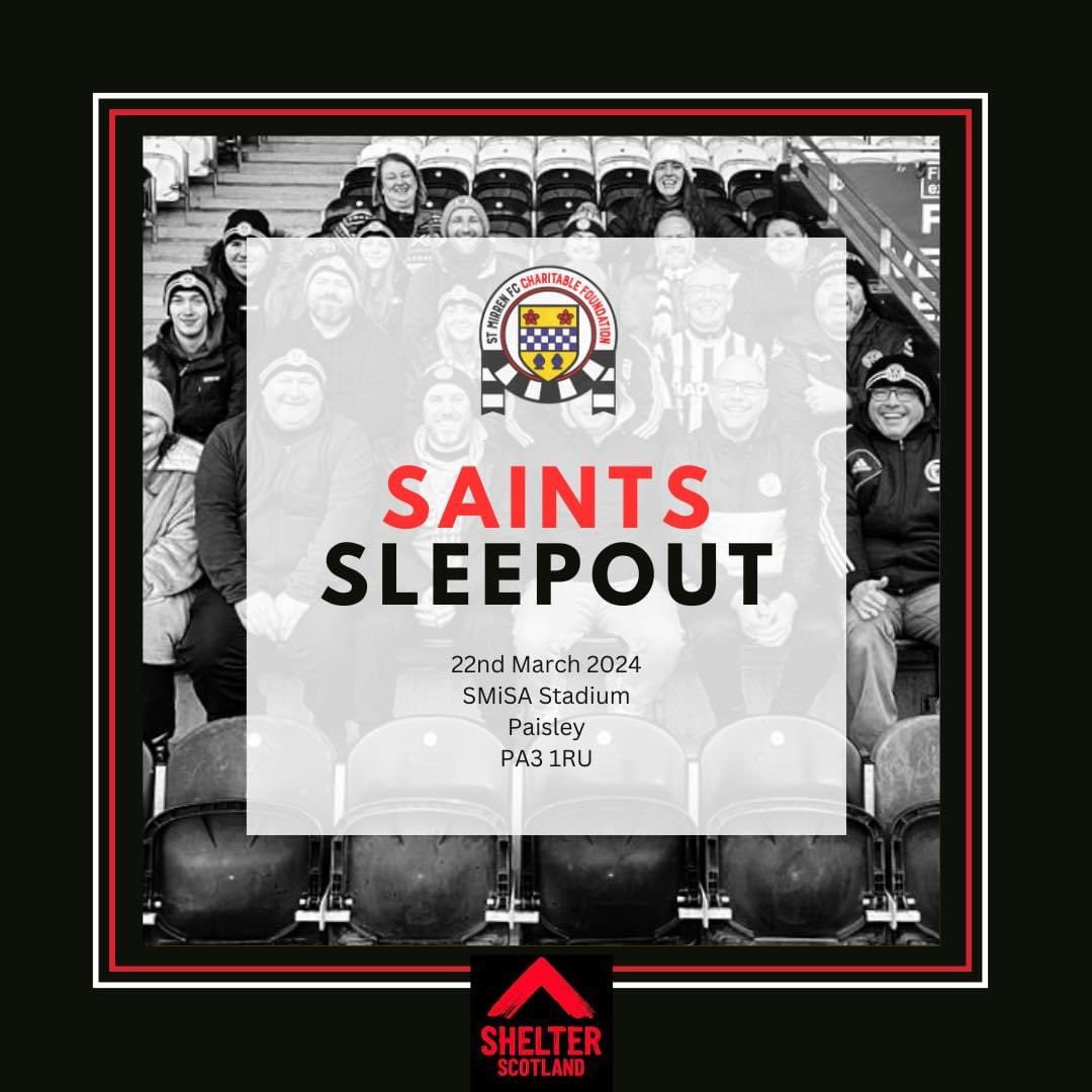 Saints Sleepout is back this Friday on March 22nd 2024! 🙌⛺️ Volunteers will spend the night sleeping pitch-side whilst Raising money for the St. Mirren FC Charitable Foundation and Shelter Scotland, whilst raising awareness for the homeless. ✅