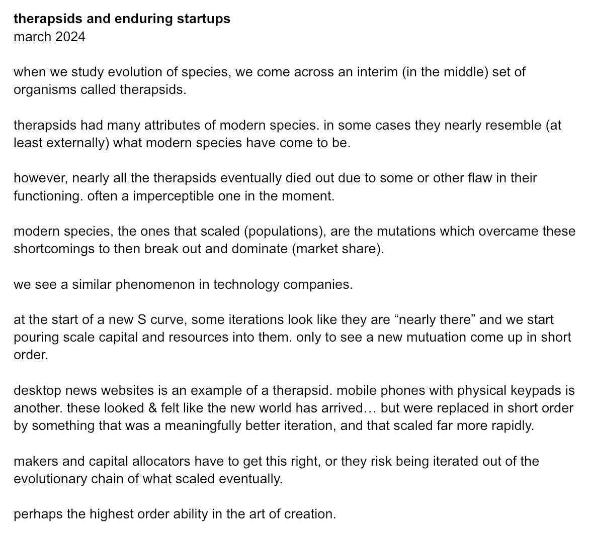 short essay: therapsids and enduring startups. designing for endurance is perhaps the highest order ability in the art of creation & capital allocation.