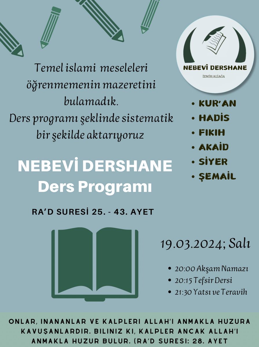 NebeviDershane's tweet photo. Selamun aleykum. Bu akşam dersimizin konusu;
 Rad Suresi: 24. Ayetten Surenin sonuna kadar tefsirini yapıyoruz. Bir program ve düzen dahilinde temel islami ilimleri derslerimize katılan arkadaşlarımıza aktarmaya devam ediyoruz. https://t.co/mQBqEdoILj
