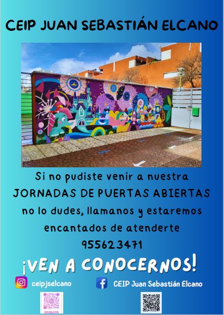 Si no has podido venir a las jornadas de puertas abiertas del CEIP Juan Sebastián Elcano, estás a tiempo de llamar y concertar una visita. ¡Ven a conocernos!
