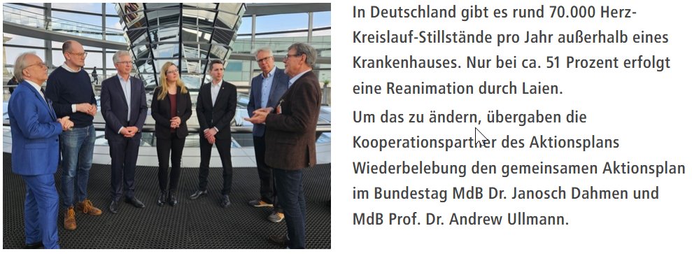 Über 70.000 Menschen in🇩🇪 erleiden jährlich außerhalb v. Kliniken einen Herz-Kreislauf-Stillstand. Nur 10% überleben diesen. Es bleiben nur 3-5 Min für #Reanimation um irreversible Schäden zu vermeiden. @ResusGer, @APS_eV u.a. fordern mehr Laienschulung:  tinyurl.com/ymcan6uf