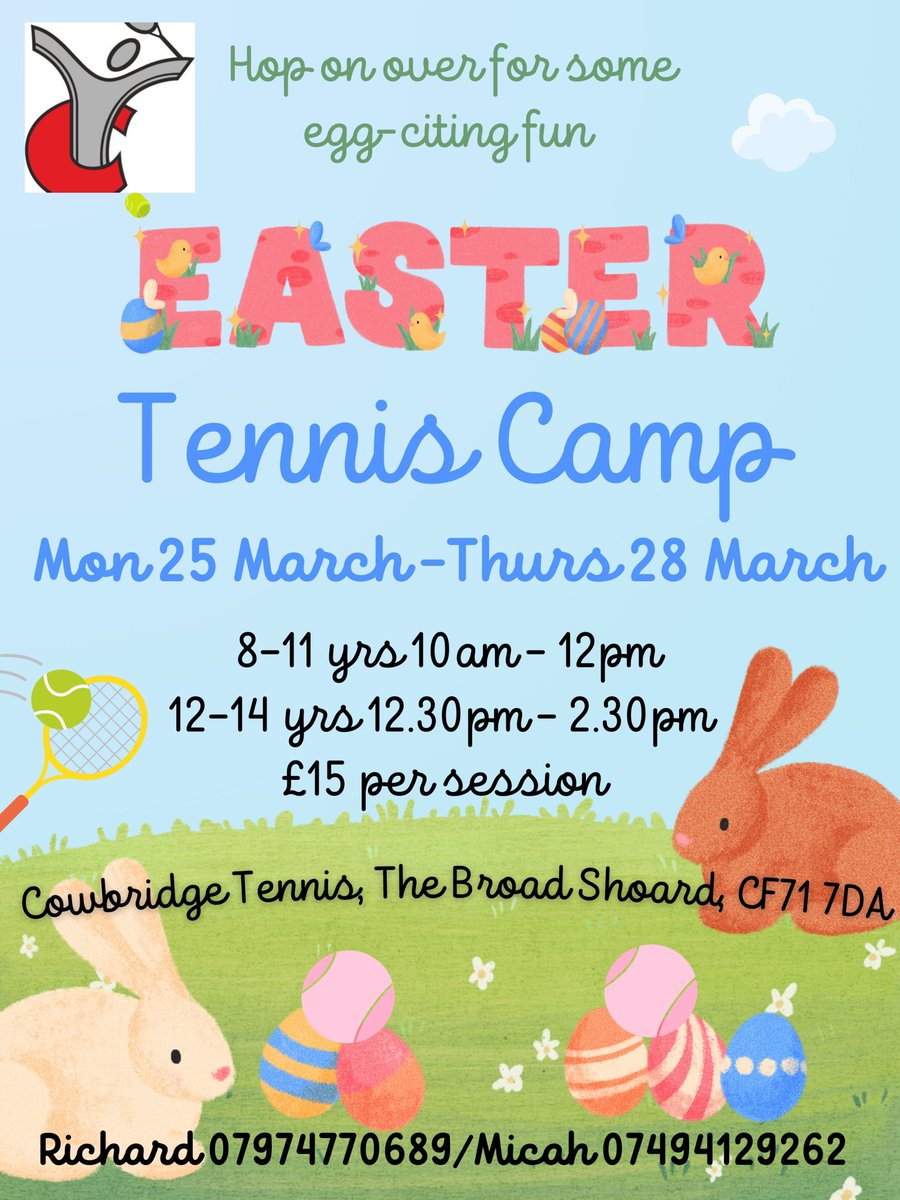 A few days left to book our Easter Camp.
Your future tennis stars will love our new courts!
<a href="/WickPS/">Wick Marcross</a>  <a href="/CowbridgeLS/">Cowbridge Lower School (Nursery-Y4)</a>  <a href="/YBontFaen/">Y Bont Faen Primary School</a> <a href="/LlansannorPS/">Llansannor PS</a> 
<a href="/StDavidsCIW/">St David's CIW VA Pr</a> <a href="/ValeSportsTeam1/">Vale Sports Team||Tim Chwaraeon y Fro</a> <a href="/CowbridgeCric/">CowbridgeCricket</a> <a href="/CowbridgeRFC/">Cowbridge RFC</a> <a href="/CowbridgeHockey/">Cowbridge Hockey Club</a> <a href="/ValeUnitedFC/">Vale United FC</a> <a href="/valecricket/">Vale Cricket Club</a>