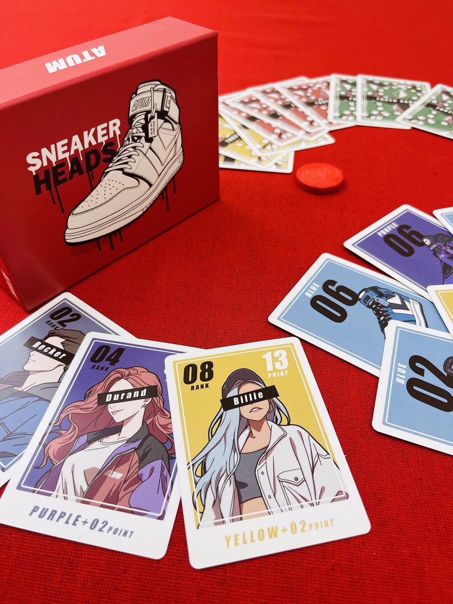 人気ブランドのスニーカーを上手に立ち回り競り落とせ👑

絵柄を揃える事で発生するコンボボーナス、更にGETしたスニーカーをリセールする事で高得点が狙えるぞ！

色んなところで発生する駆け引きのジレンマが醍醐味のゲームとなっています。

#ゲームマーケット2024春 #ゲムマ2024春