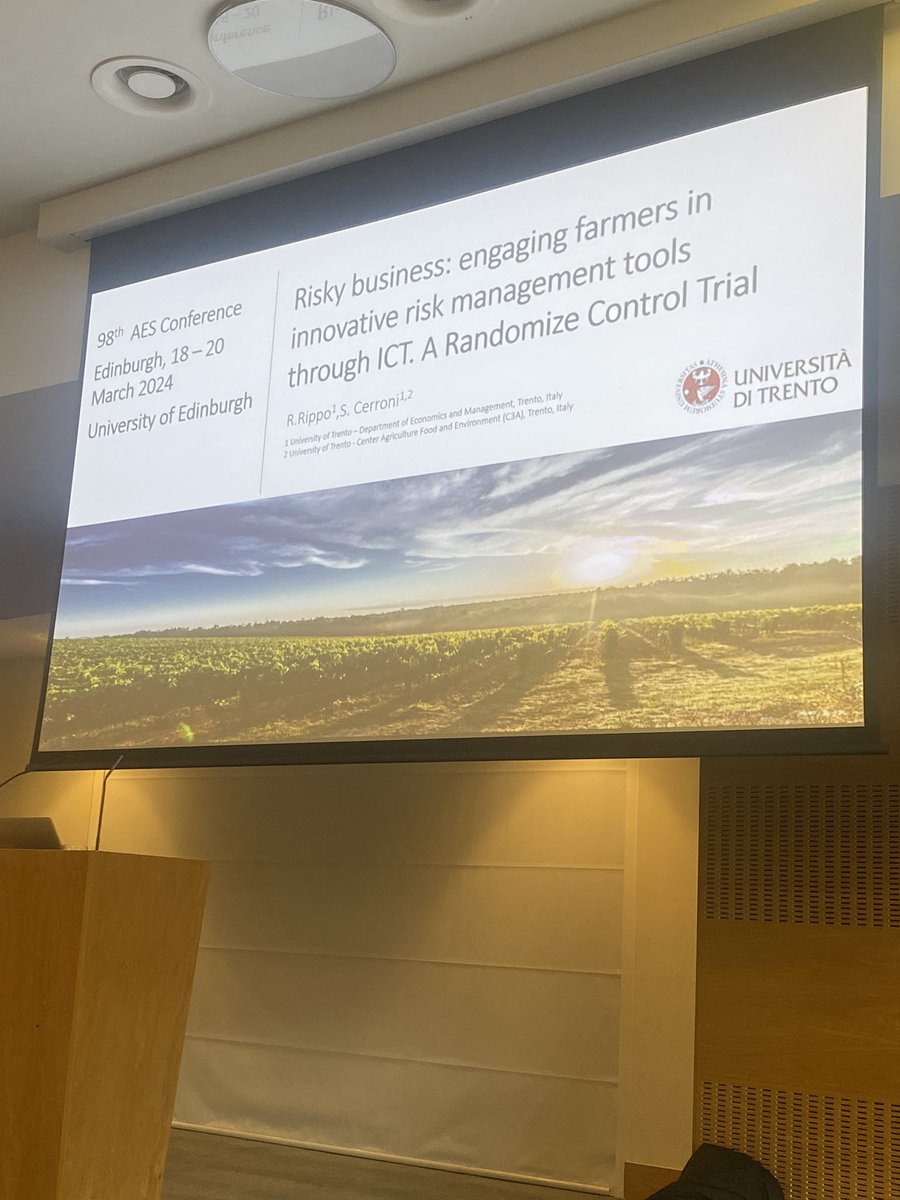 Happy and honoured to present our work <a href="/simone_cerroni/">Simone Cerroni</a> : “ Risky business: engaging farmers in innovative risk management tools through ICT. Evidence from a randomized control trial” at the <a href="/AgEconSoc/">Agricultural Economics Society</a> 98th conference #aes_2024 at <a href="/EdinburghUni/">The University of Edinburgh</a>! Thanks for the great feedbacks!