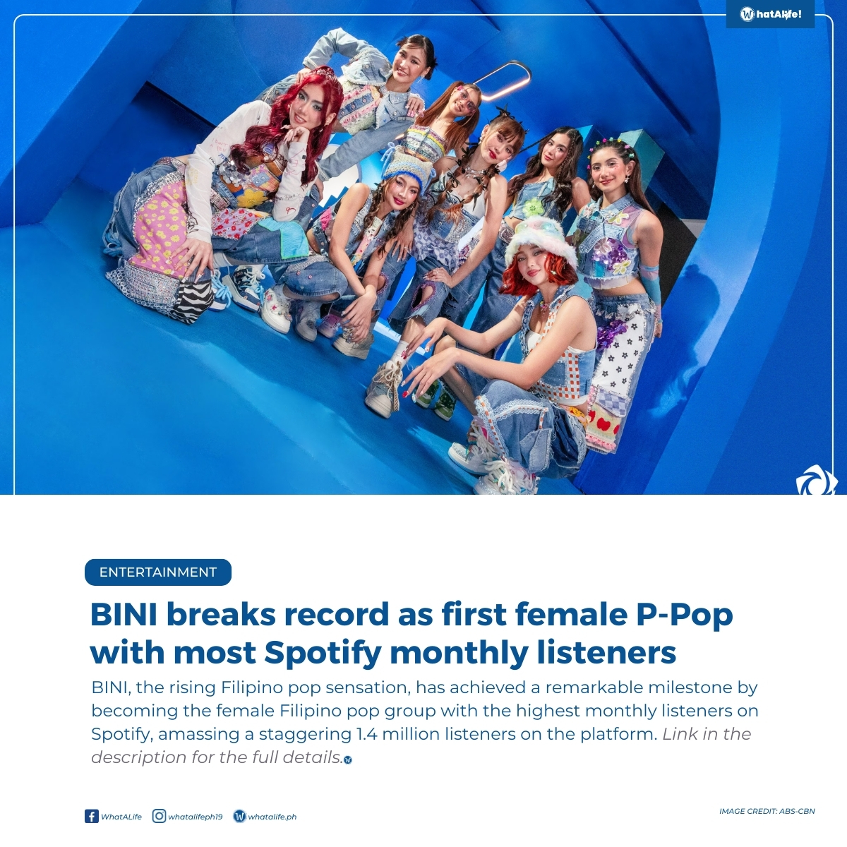 whatalifePH's tweet photo. The group officially become the first Filipina ever to reach #1 on Spotify Philippines for most monthly listeners with a whopping 1.4 million!
READ full story here: https://t.co/nwR1hKyYdI
#PPOPrise #BINIph #Spotify #femalegroup #BINI #PPOP https://t.co/hMdl0UIRKI