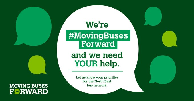 .<a href="/transport_north/">Transport North East</a> are #MovingBusesForward and need your help.

They want to hear your thoughts on the bus network, what your priorities are and what would make you use the bus more. 

Complete the survey here: transportnortheast.gov.uk/moving-buses-f…