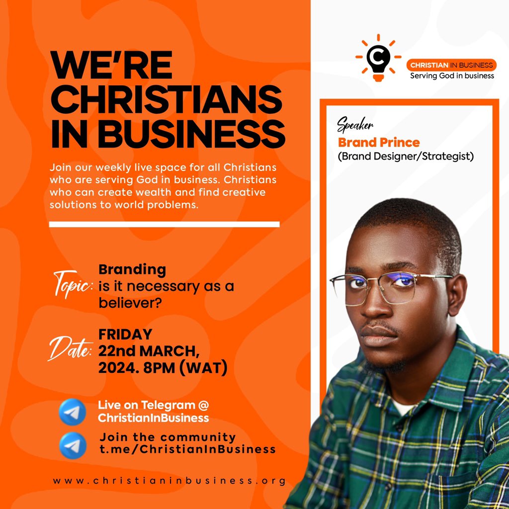 ChristianIn_B's tweet photo. One of the secrets to a successful business is building a proper brand. As Christians, its most vital that we understand how to position our businesses to properly display our brand. 

Join us on X, 8pm: https://t.co/DKOzYcWgvR https://t.co/pLNxXDCumu