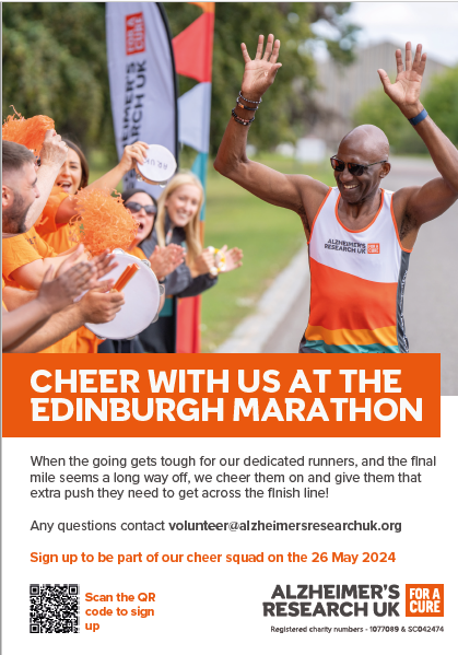 Join @AlzResearchUK at the Edinburgh Marathon festival by signing up to volunteer on the Cheer Squad! The festival is raising money for vital dementia research 👍👏