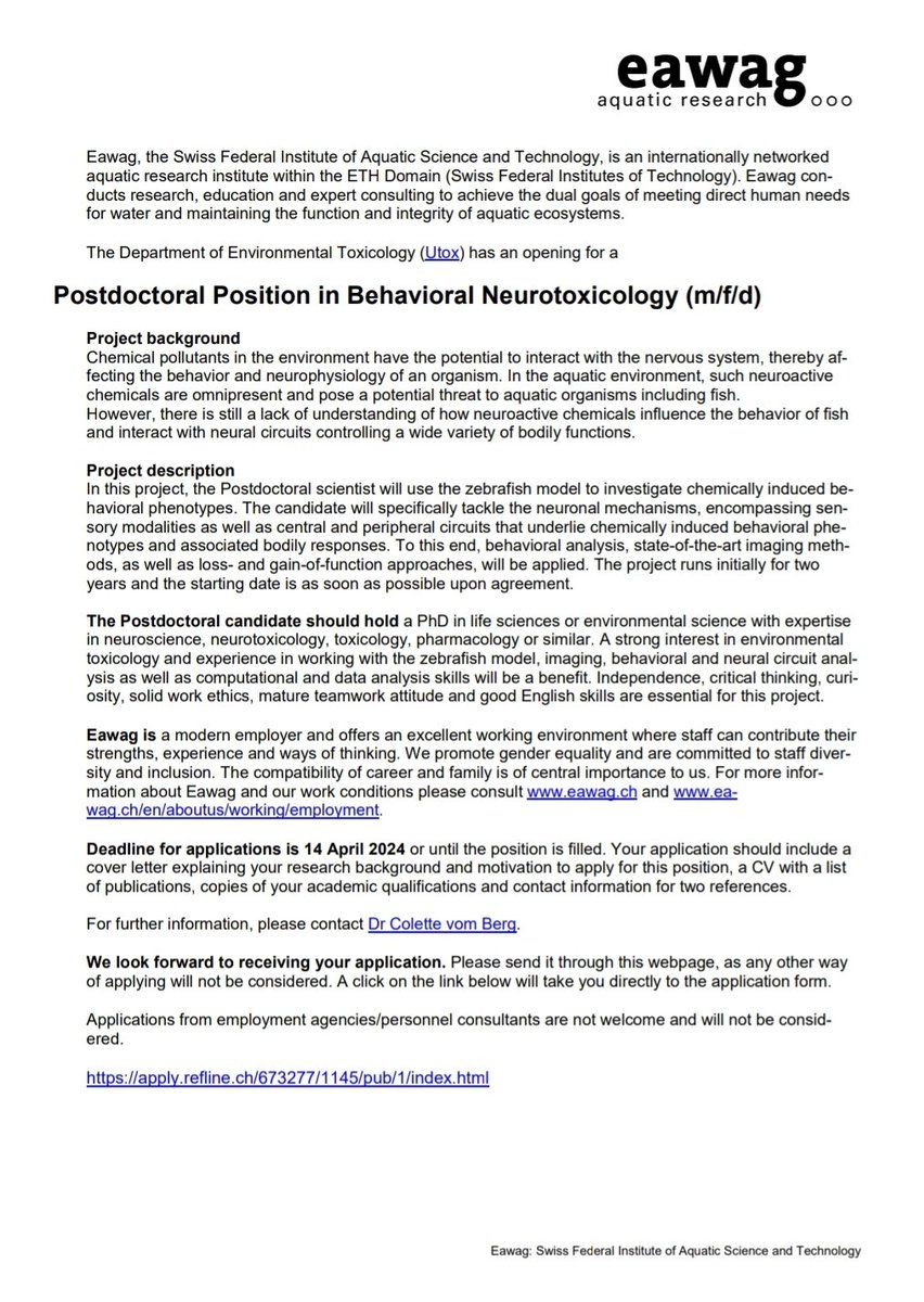 Postdoctoral Position Available! 🚨

The Molecular Toxicology group at #Utox, Eawag is currently considering applications to fill a postdoc position in behavioral neurotoxicology. Please see the announcement below and spread the word!