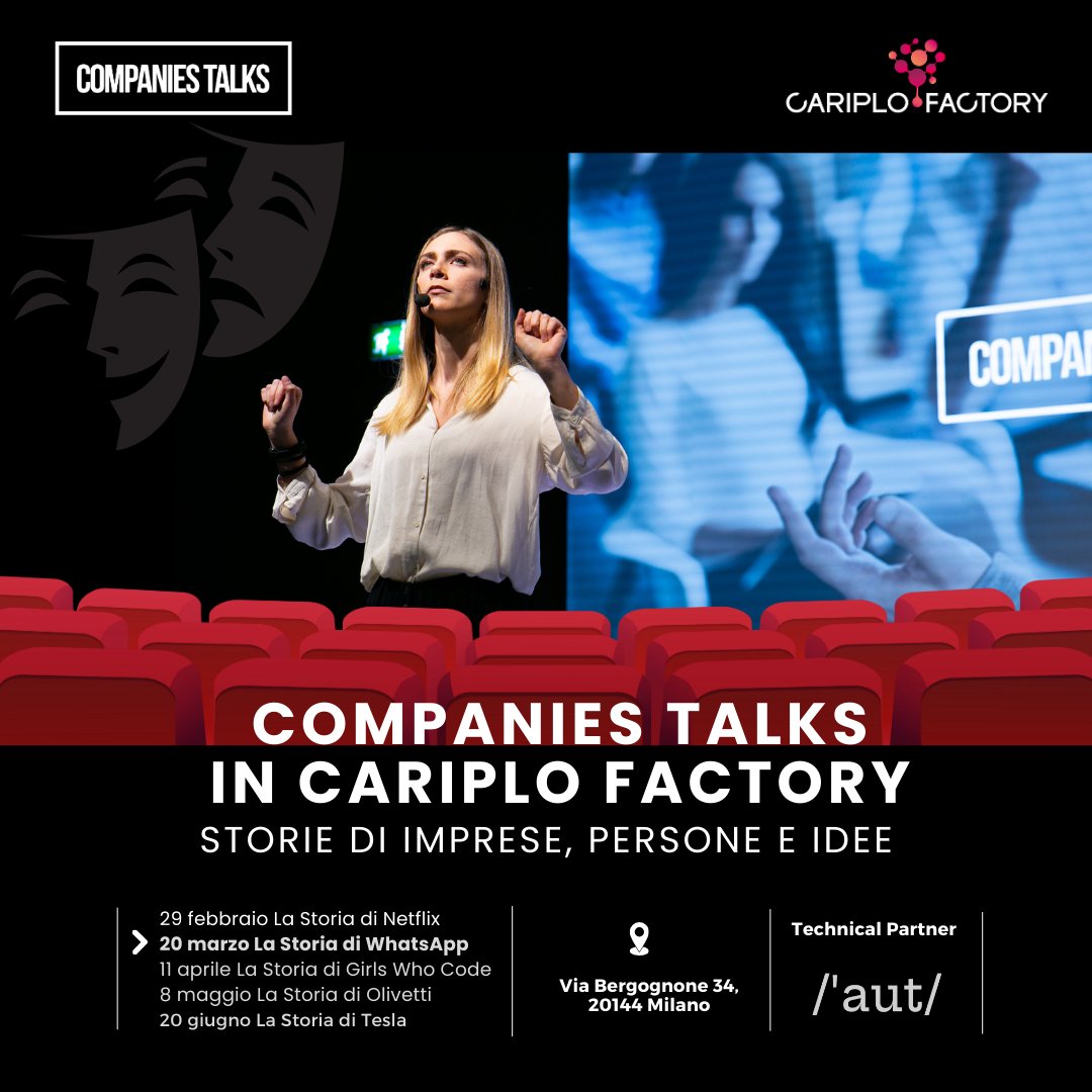 CariploFactory's tweet image. #SaveTheDate

Tornano i #CompaniesTalks in @CariploFactory: appuntamento a domani sera dalle 18:30 con &quot;La storia di WhatsApp&quot; nei nostri spazi del distretto Tortona di #Milano.

Prenota un posto: eventbrite.it/e/biglietti-la…