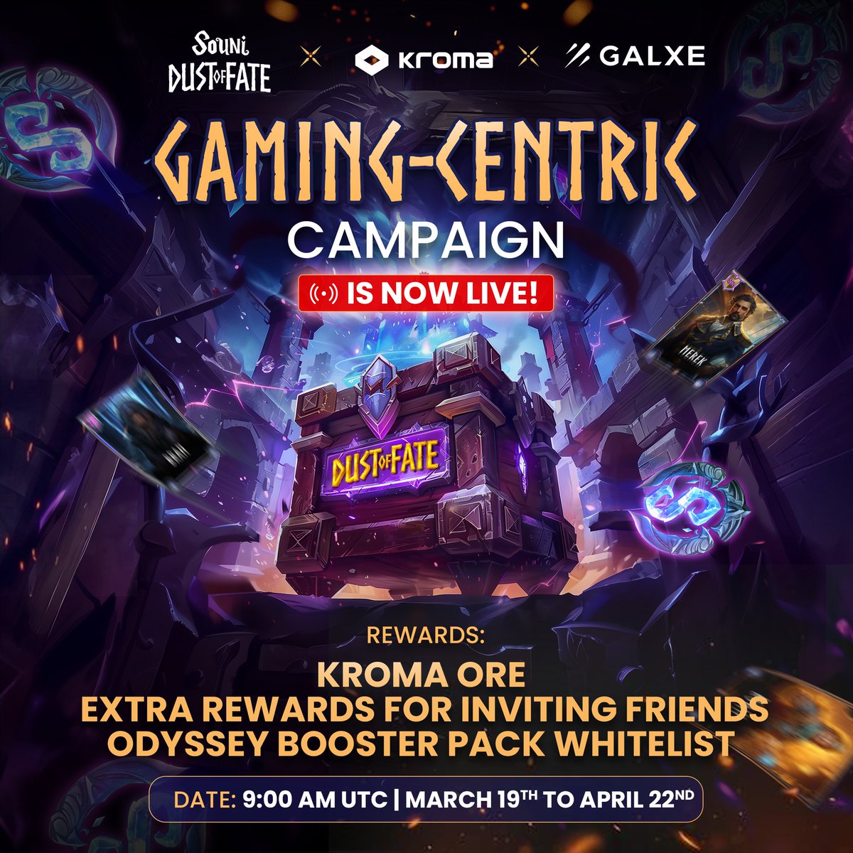 🚀 NOW LIVE: JOIN #SOUNI DUST OF FATE x KROMA x GALXE CAMPAIGN! 📣 💥 Prepare for the epic launch of Dust Of Fate TCG game, we're teaming up with @kroma_network for a gaming-centric campaign on @Galxe, packin' HUGE rewards. 🔗 Jump in NOW: galxe.com/kroma/campaign… ⏰ Duration: