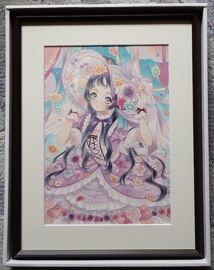 miya_choco's tweet photo. りーりんさん（@ichidanmepile）
個展「Bouquet」にてお迎えした額装原画「朝顔」と「花天使」、マット作品の「花天使」です。初個展開催から約6年後に再び原画の拝見とその原画を手にできる機会があった事が嬉しい限りです。私的には3回目の個展が開かれる事を希望したいと思います。
#りーりん個展 https://t.co/vf271mtOOd
