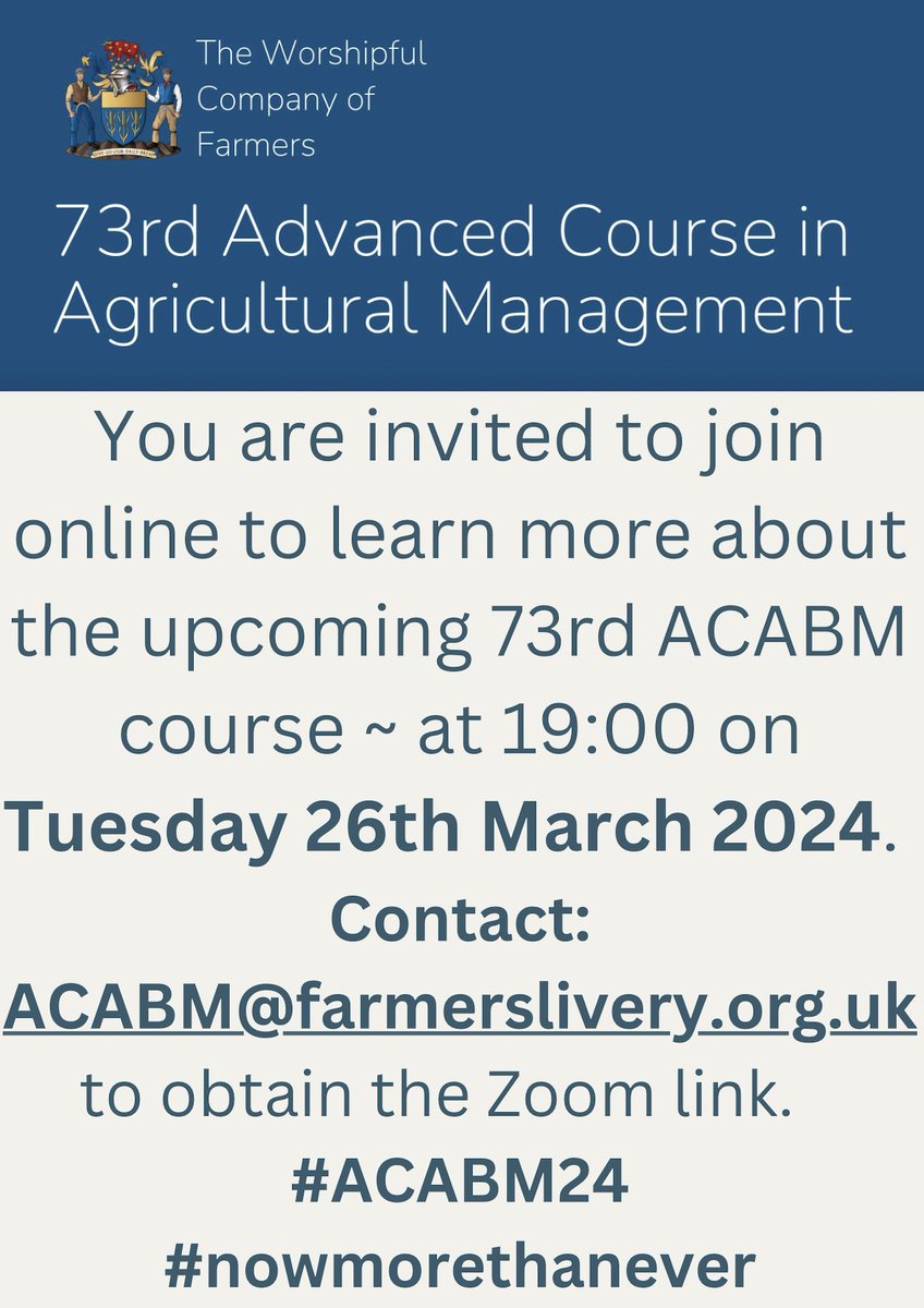 🔔Final reminder to join Zoom for 73rd ACABM next Tuesday🔔 For information @FarmersCompany 73rd Advanced Course in Agricultural Business Management - which takes place from November 2024 - register & join us next Tuesday, 26th March from 19:00. #ACABM24 rau.ac.uk/for-business/p…