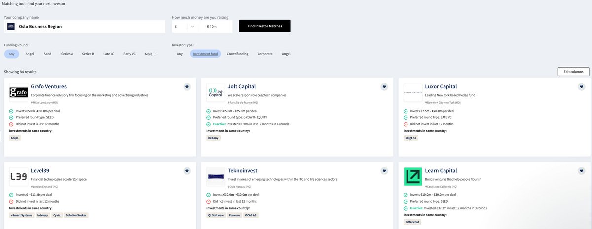 Are you raising your next round and want to make sure you're list of investor targets is comprehensive and relevant? Check out Dealroom's matching tool, showing you which investors you should consider that could be relevant for you! 🔍 hubs.li/Q02hxCxv0