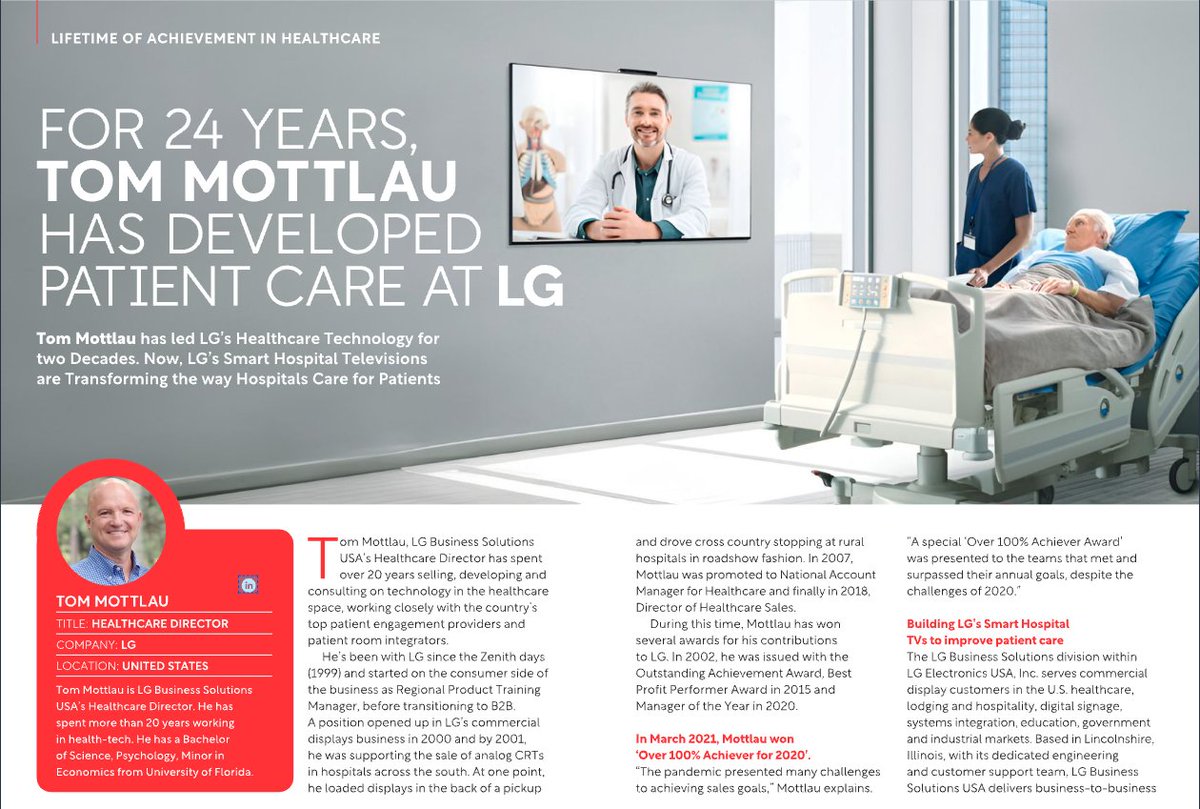 Transforming the way hospital’s care for patients, Tom Mottlau, Healthcare Director at @LGUS has developed smart TV’s intended for use in hospitals to improve patient care. Want to learn more? Find out here: bit.ly/491QKBP #Healthcare #Technology #SmartHospital