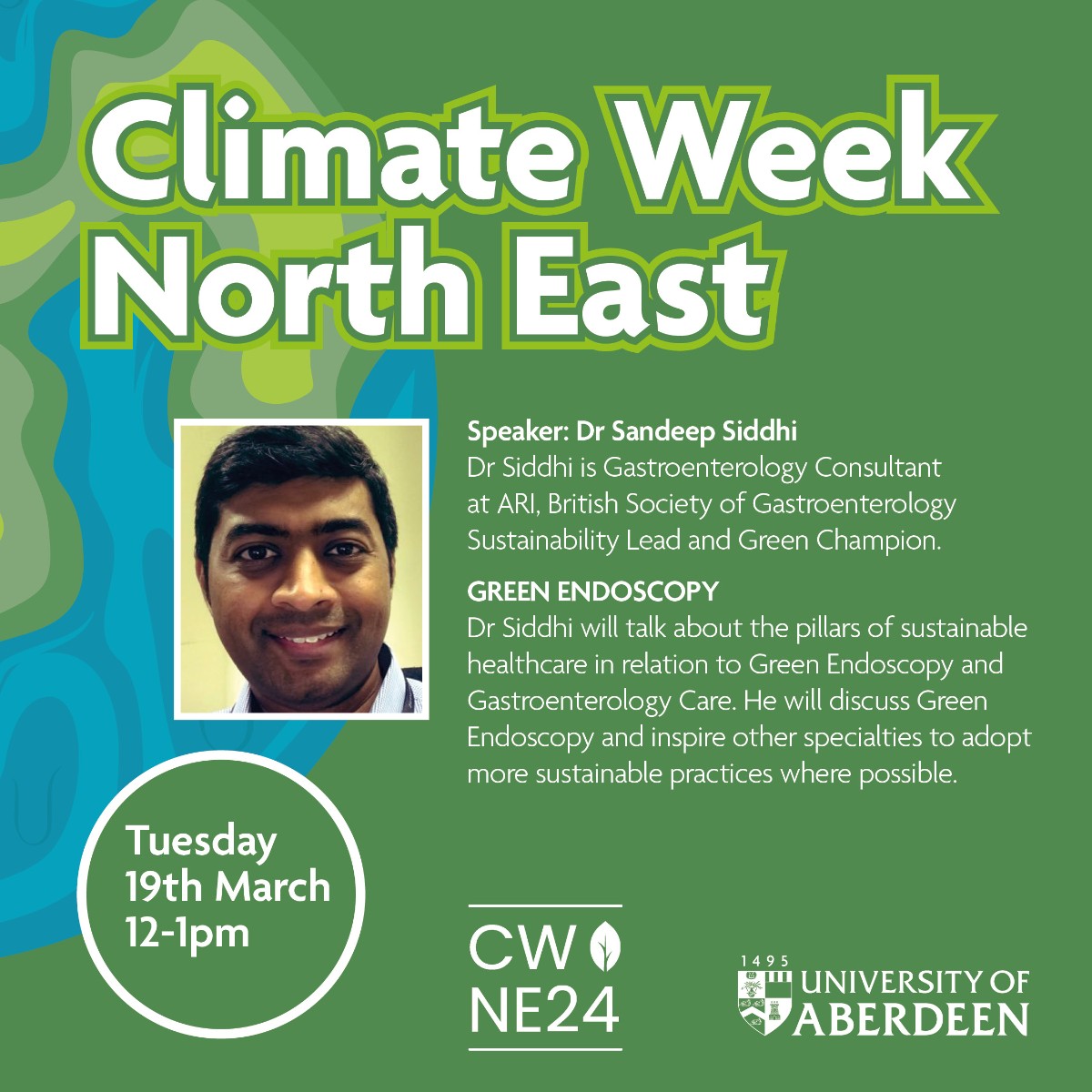 'Green Endoscopy' at 12pm (UK time) today. This talk will be hosted on Microsoft Teams and is open to all to attend. Register to attend for free here: abdn.io/wo #ClimateWeekNorthEast #CWNE24 @NescanHub @NHSGrampian