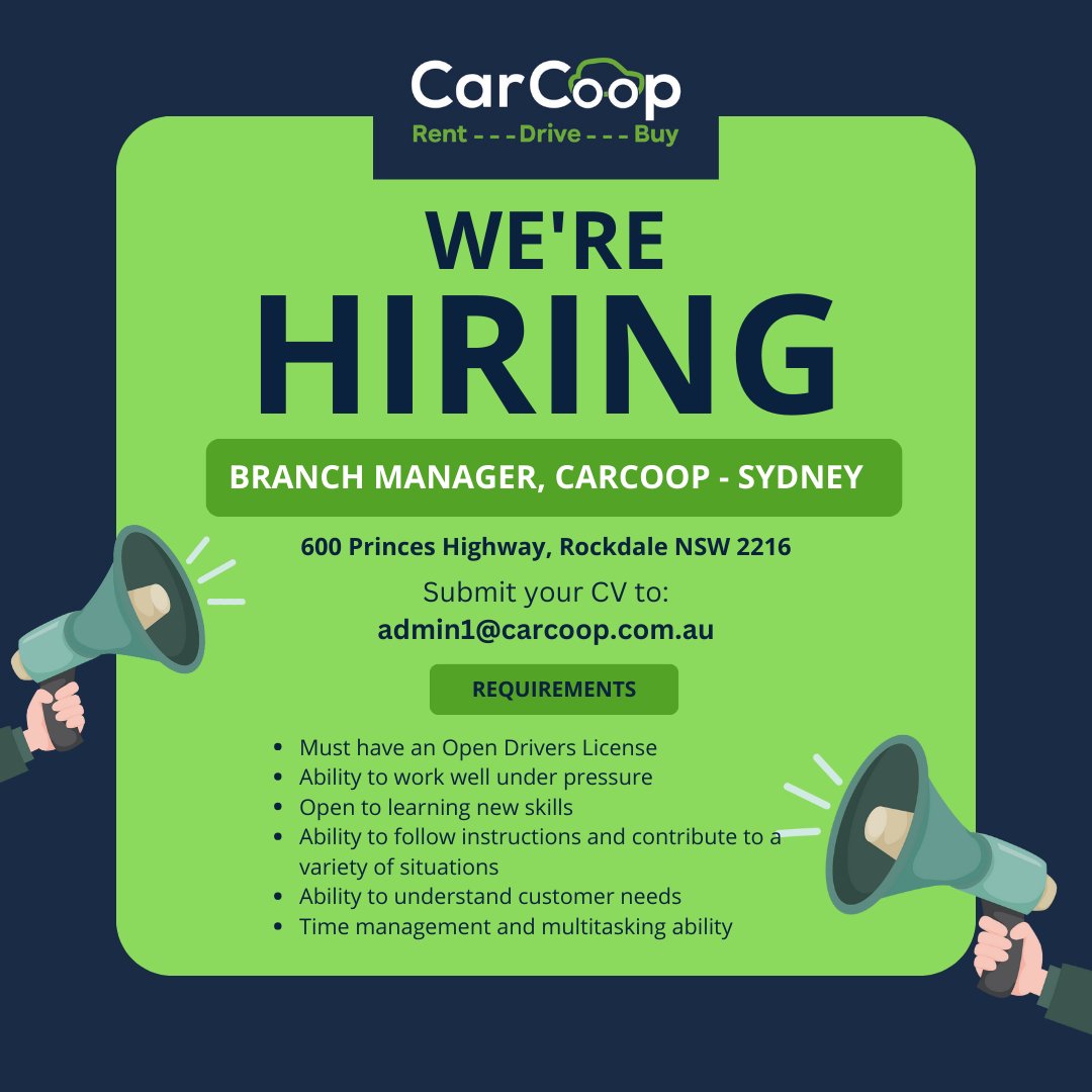 We're on the hunt for a new Branch Manager at our Rockdale location in Sydney.

If you're up for the challenge and want to learn more, shoot us an email at admin1@carcoop.com.au. Let's chat about how you can be part of our team!

#CarCoopCareers #JobOpening #SydneyJobs #HiringNow