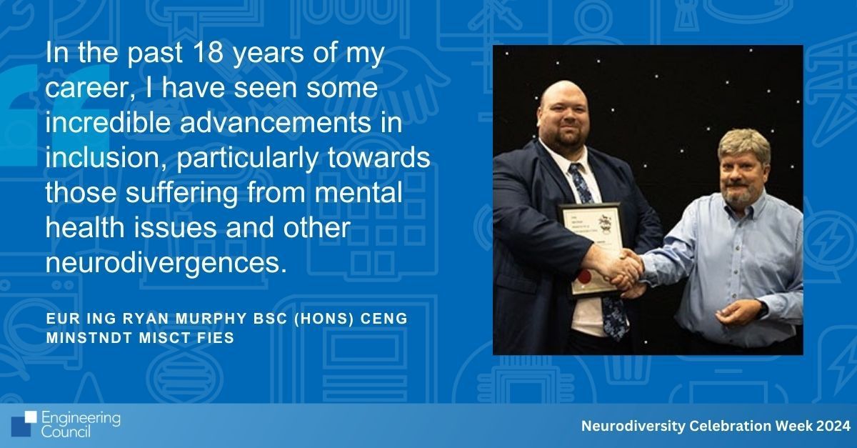 In the past 18 years, EUR ING Ryan Murphy BSc (Hons) CEng MInstNDT MIScT FIES  has witnessed significant advancements in inclusion, especially for those with mental health issues and other neurodivergences. Read more: buff.ly/49JcHqv 
#NeurodiversityWeek #NCW #CEng