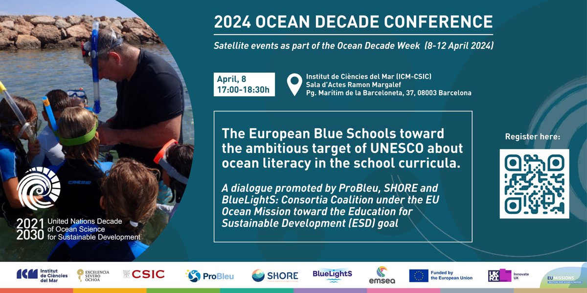 Our projects @pro_bleu, @shore_community & @BlueLights_EU and @emseassociation are organising a satellite event for the UN #OceanDecade conference Join us on 8 April at 5pm (CEST) in Barcelona! Information & Registration 👉 bit.ly/BluBarc
