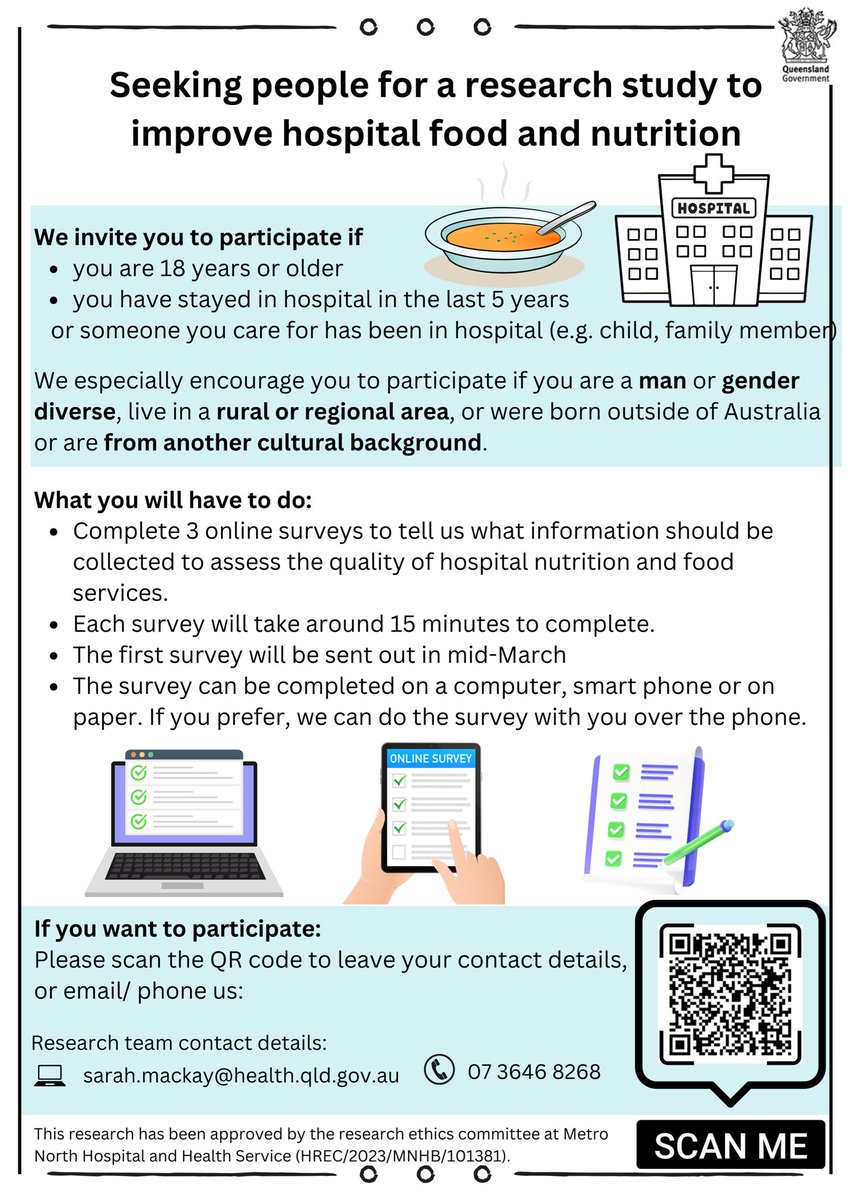 Have you (or your child) been a patient in an Australian hospital? We invite you to take part in our online Delphi survey to help us to select quality indicators for hospital nutrition and food services - register your interest here: redcap.health.qld.gov.au/surveys/?s=XXT…