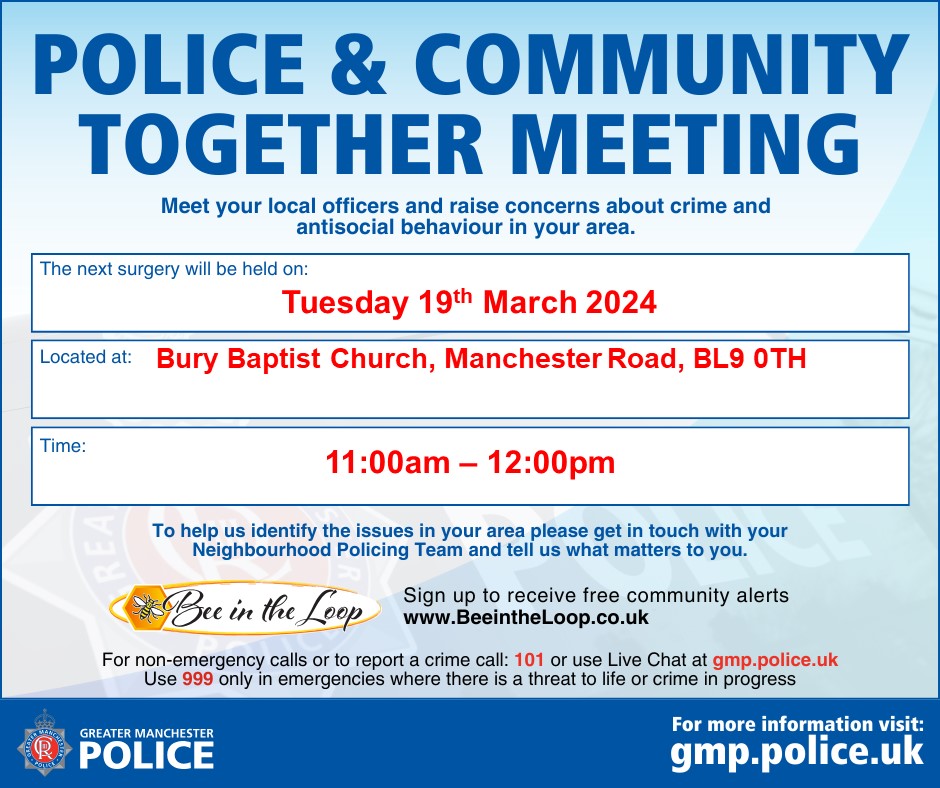 Redvales Police and Community Together Meeting 📅 19/03/2024 ⏰ 11:00am - 12:00pm 🏘️ Bury Baptist Church, Manchester Road, BL9 0TH Everyone is welcome to attend to discuss any concerns! 💙