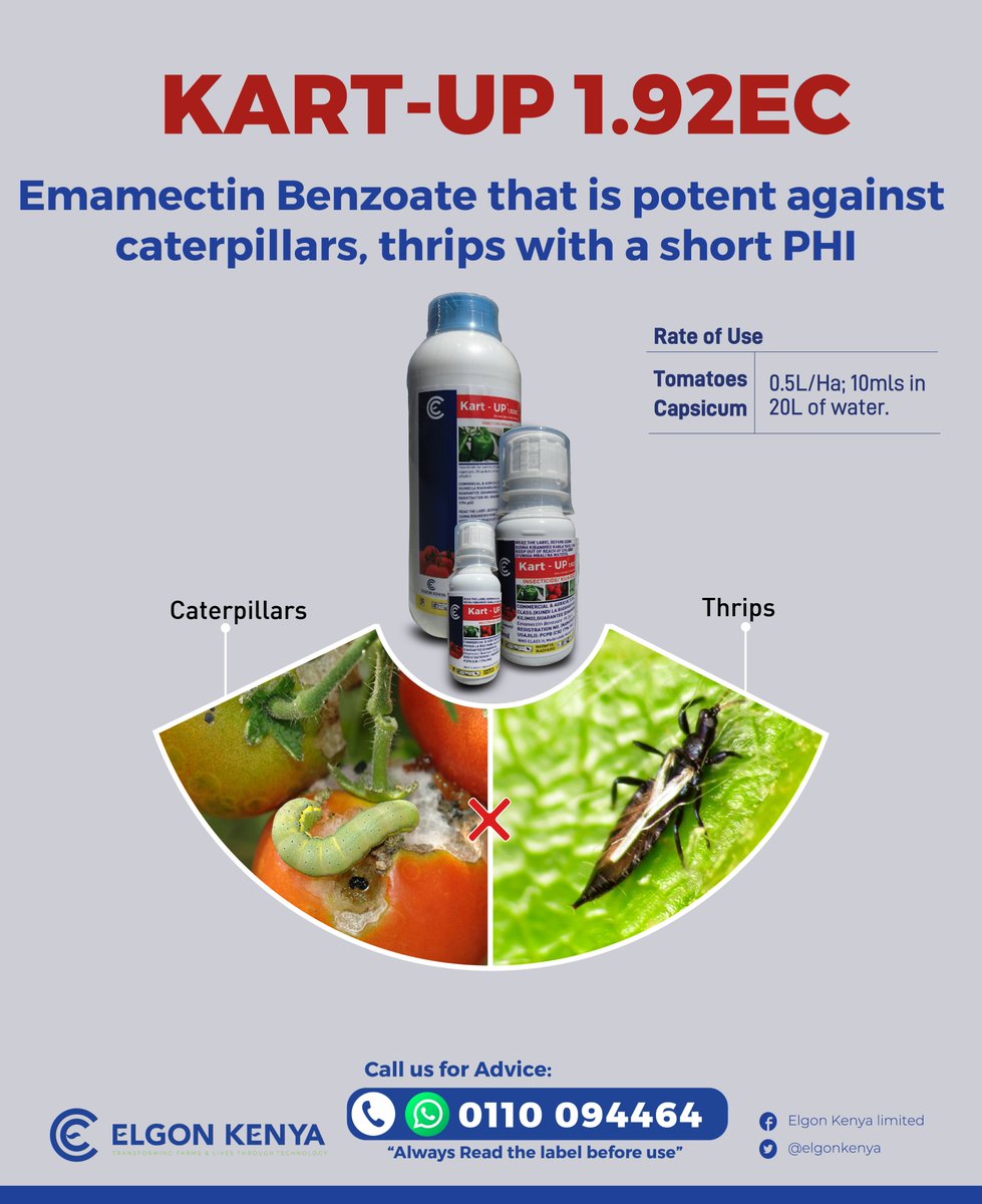 Don't let pests destroy your crops. Ensure your crops have a shield to guard against pests that cause high loss in yields by using our insecticide Kart-UP, an Emamectin Benzoate that is potent against caterpillars, thrips with a short PHI. 📞0110 094 464 #KOT #pestcontrol