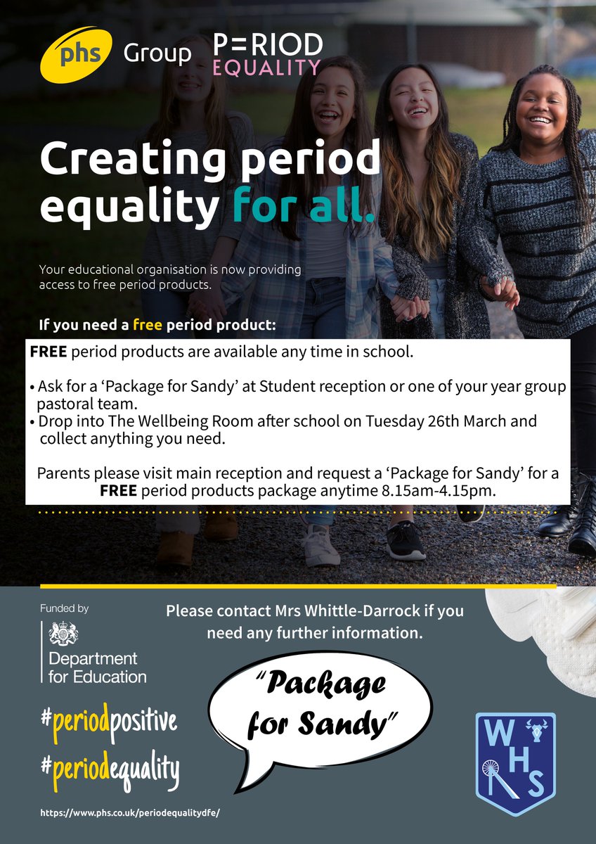 WesthoughtonHS's tweet photo. FREE period products are available any time in school.
Students - Ask for a ‘Package for Sandy’ at Student reception or one of your year group
pastoral team.
Parents - Please visit main reception &amp; request a ‘Package for Sandy’ for a FREE period products package 8.15am-4.15pm. https://t.co/AqcfjwdhK5