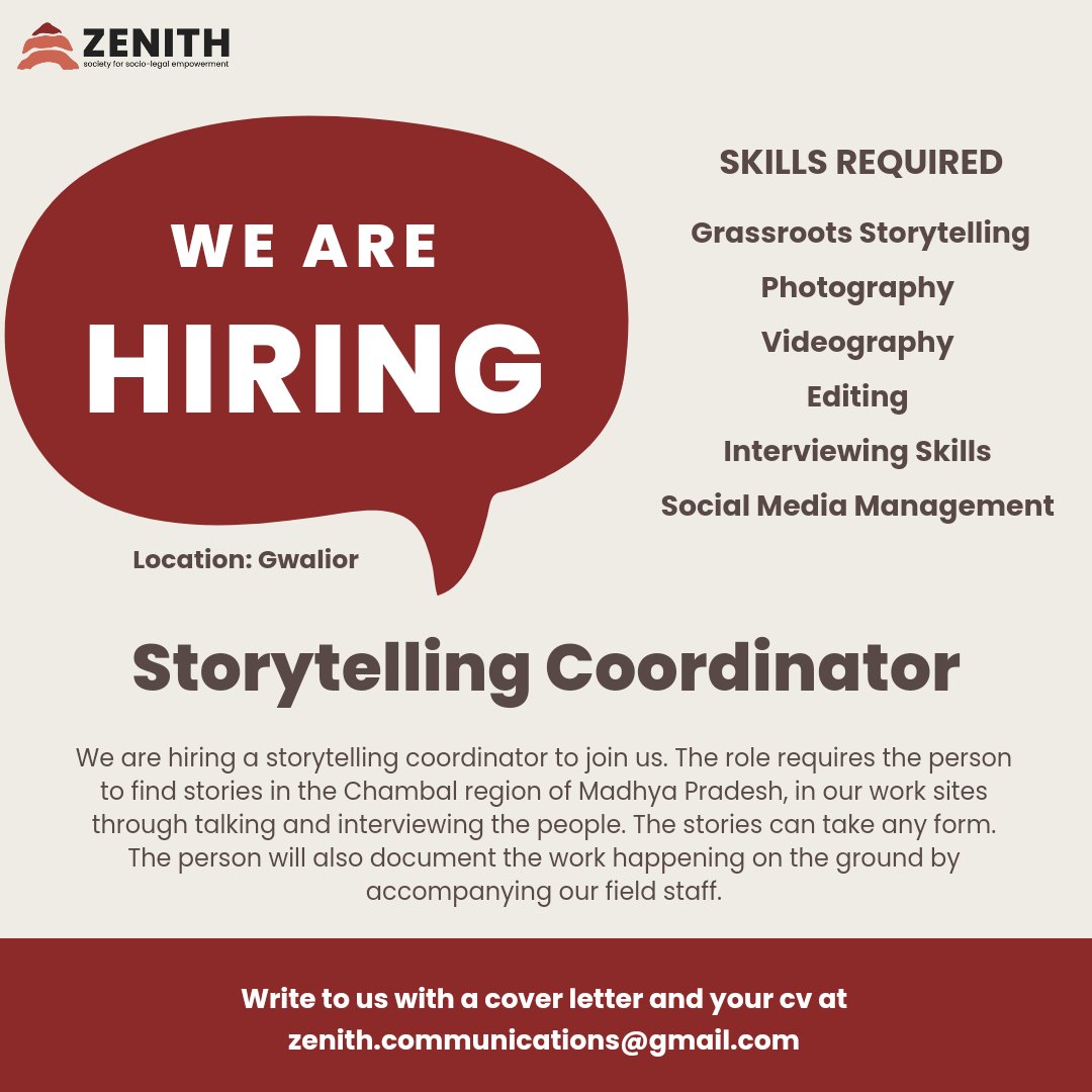 #JobAlert 
We are hiring a storytelling coordinator to join us in Gwalior.