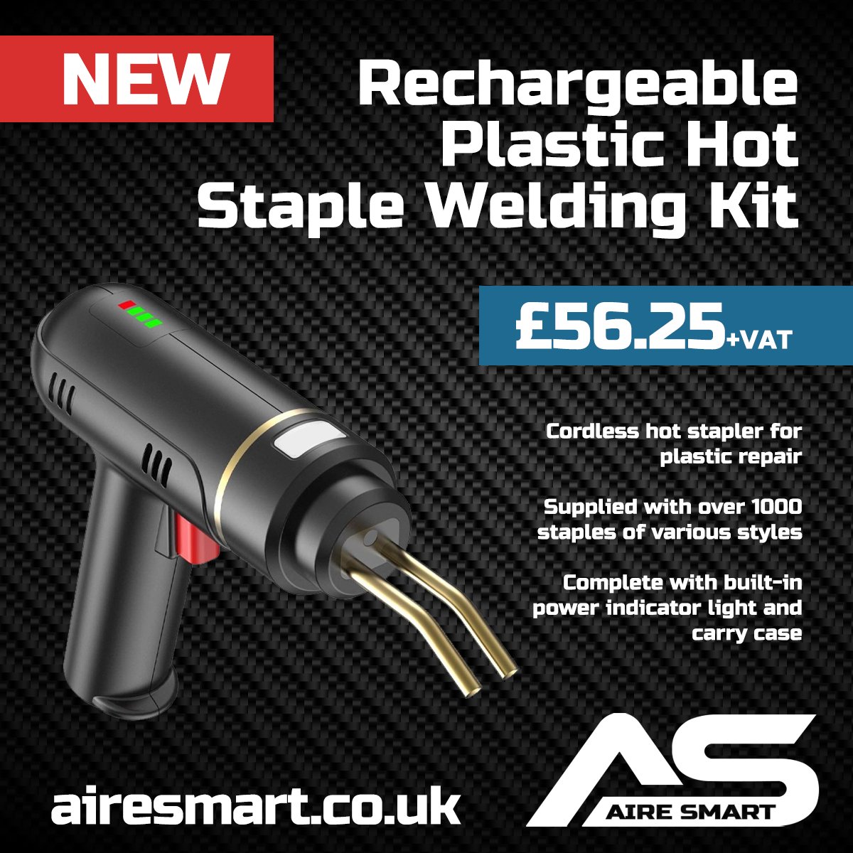 aire_smart's tweet photo. Our new rechargeable plastic hot staple welding kit is now available perfect for repairing plastic bumpers, headlamp housings or any plastic material
https://t.co/xY5xKNFDZI

#plasticrepair #bumperrepair #headlightrepair #headlamprepair #hotstaplekit #hotweldingkit #smartrepair https://t.co/WLwLeY6u2C