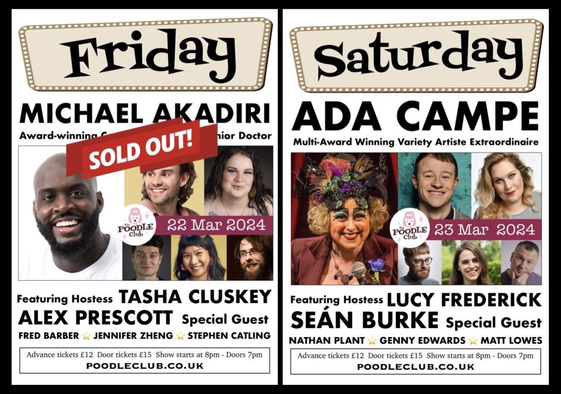 Friday's show is now #SoldOut but there are still tickets available for Saturday's splendid show here 👇 wegottickets.com/event/608199 @MichaelAkadiri @AdaCampe @LucyFrederick @Tasha_Cluskey93 @SeanBurkeShow @Love_SE4 #livecomedy #se26 #SouthLondon