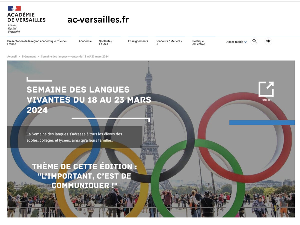 Découvrez les projets de la Semaine des langues 2024 ! Elle s'inscrit dans la perspective des Jeux Olympiques et Paralympiques Paris 2024. Une page spécialement consacrée à cet événement est publiée sur le site de l'<a href="/acversailles/">Académie de Versailles</a> : ac-versailles.fr/semaine-des-la…. Bonne découverte