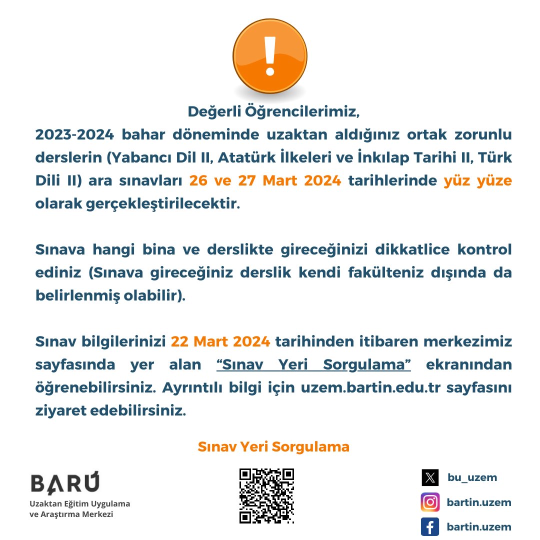 Değerli öğrencilerimize sınavlarda başarılar dileriz. İlgili duyuru için: uzem.bartin.edu.tr/duyurular/2023… #bartınuzem #uzem #bartınüniversitesi #uzaktaneğitim