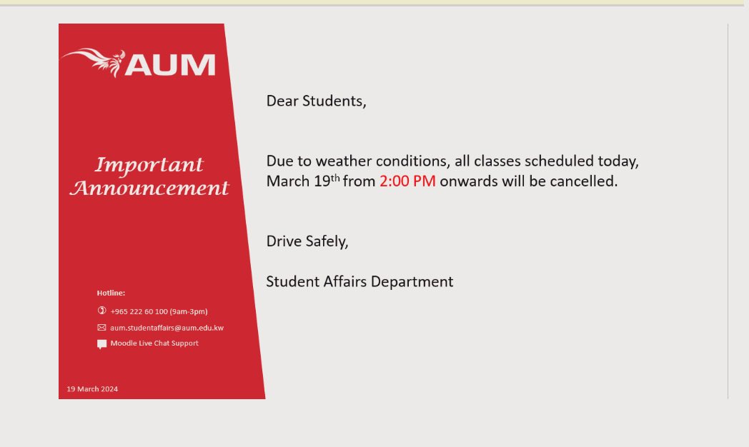 تم الغاء كلاسات 2pm #رسمياً
الله يحفظ الجميع 
-
اللي عندهم كلاسات 1 عادي استعملوا خياشيمكم والزعانف ماعليكم 
<a href="/Official_AUM/">AUM</a>