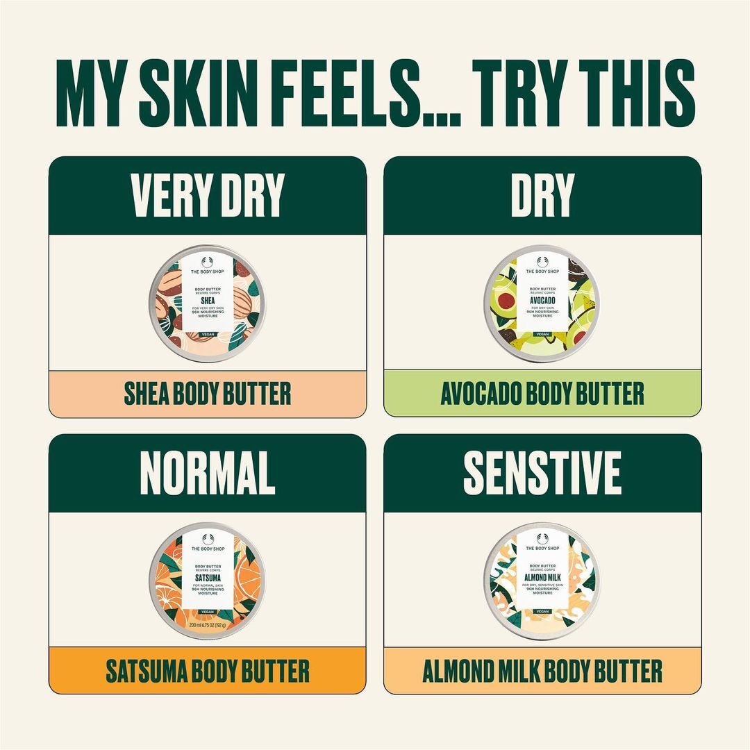 From dry to sensitive skin our Body Butters are curated to care for all skin types. What's your chosen body butter? 💖✨💚 Click to shop: bitly.ws/3giNe #TheBodyShopSA #ChangemakingBeauty #BodyButter