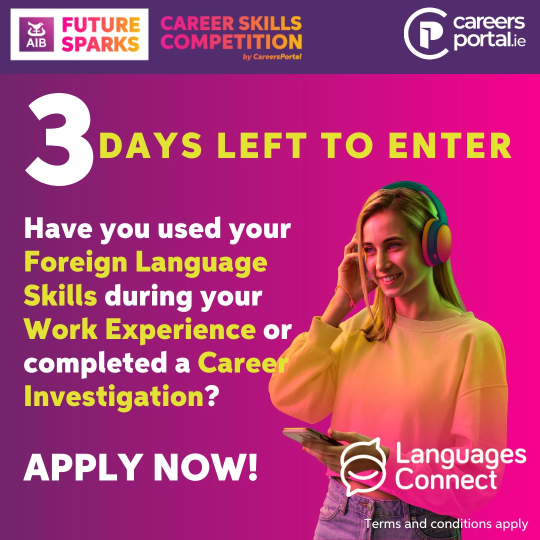 Calling all language lovers! Submit an entry telling us the skills you learned on your Work Experience or carry out a Career Investigation through Languages! Win incredible prizes 🎉🏆🌟 Go to CareerSkills.ie #MacBookAir #WorkExperience @AIBIreland @languagesconnect