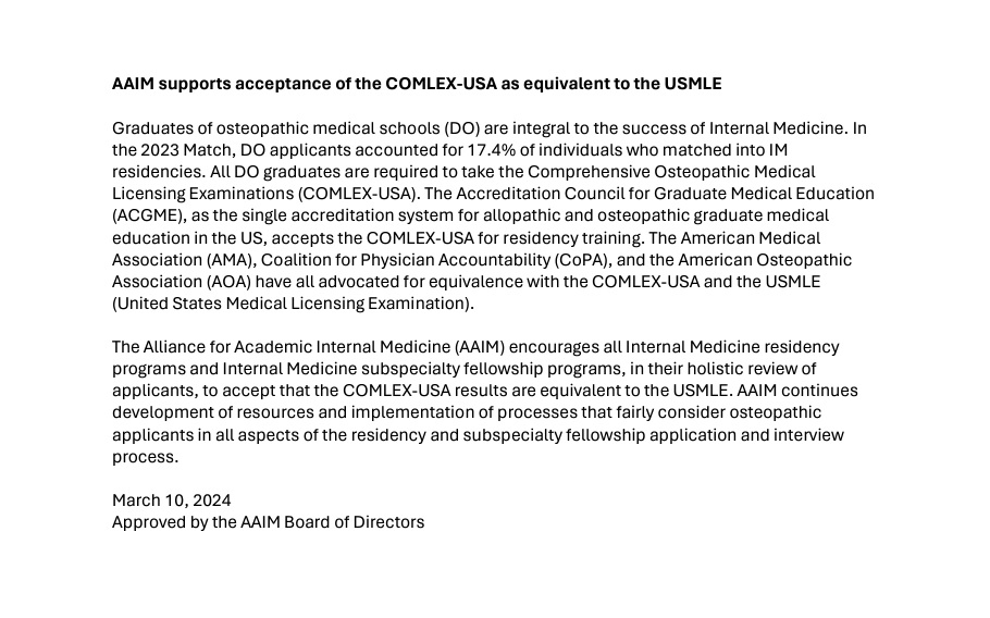 Wonderful news! I am so happy to see the @AAIMOnline supporting COMLEX-USA equivalency in residency applications for DOs. This reflects their commitment to holistic review practices and recognizing the value of #osteopathic physicians in IM residency programs. #ChooseDO