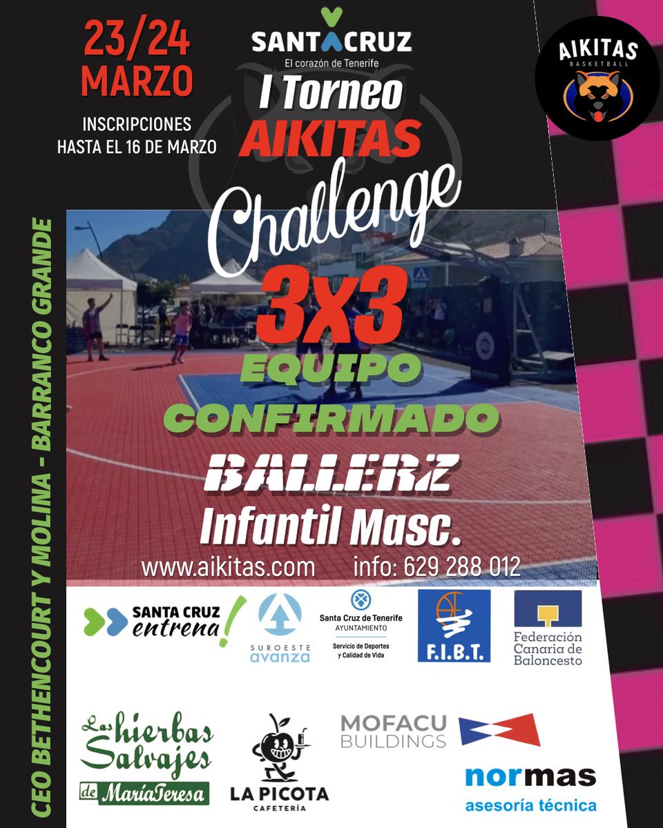 AikitasBasket's tweet photo. Seguimos con las presentaciones de los equipos confirmados para el Torneo 3x3 Aikitas Challenge
BALLERZ confirma asistencia en la categoría Infantil Masc🏀 #aikitaschallenge #santacruzentrena #suroesteavanza #deportessantacruz #santacruzdetenerife #aikitas #fcbaloncesto #fibt https://t.co/5ig0BxnCPV