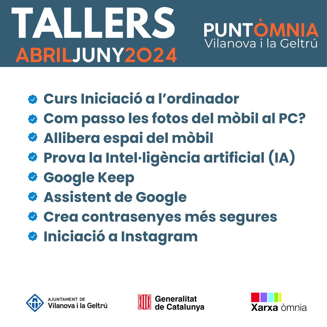 Punt Òmnia Vilanova i la Geltrú (@omniavilanova) on Twitter photo 👉 Ja tenim les noves activitats per aquest pròxim trimestre!!
Inscripcions obertes! Us podeu apuntar a:
📞 93 815 41 89
📧 casadelmar@xarxaomnia.gencat.cat
📍 Passeig Marítim 63
#XarxaÒmnia 👉 Ja tenim les noves activitats per aquest pròxim trimestre!!
Inscripcions obertes! Us podeu apuntar a:
📞 93 815 41 89
📧 casadelmar@xarxaomnia.gencat.cat
📍 Passeig Marítim 63
#XarxaÒmnia