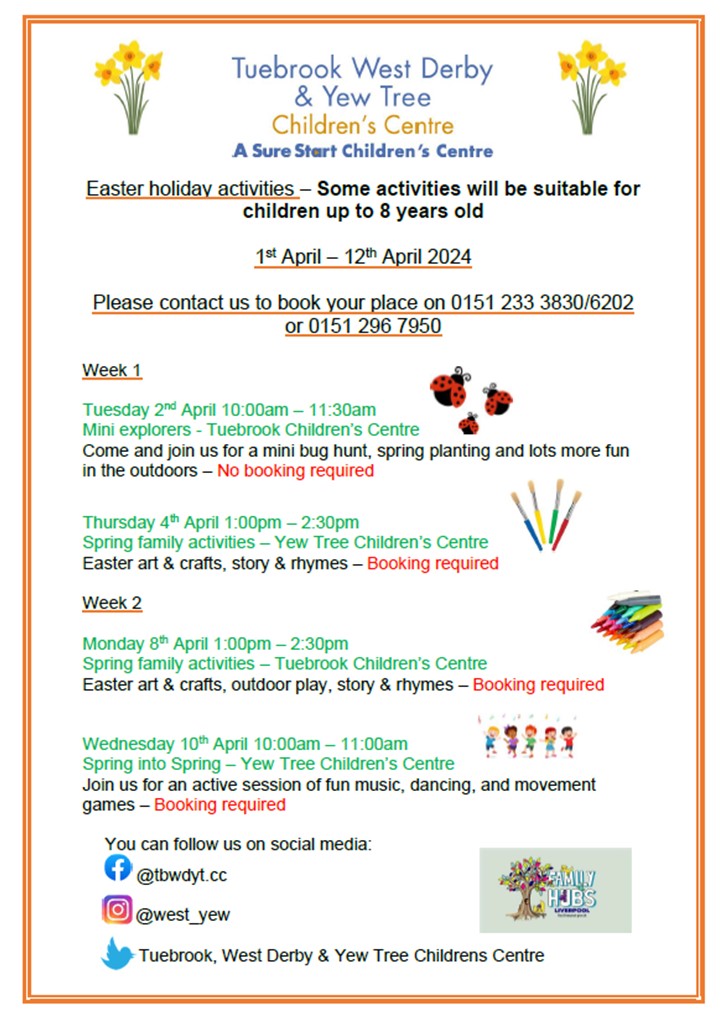 🐣Easter Holiday Activities 🐰 All sessions are FREE & accommodate children up to the age of 8 years. Some sessions are bookable, please contact 0151-233-3830 or 0151-233-6202 to book your place. Some activities will include outdoor play so please dress for the weather😀