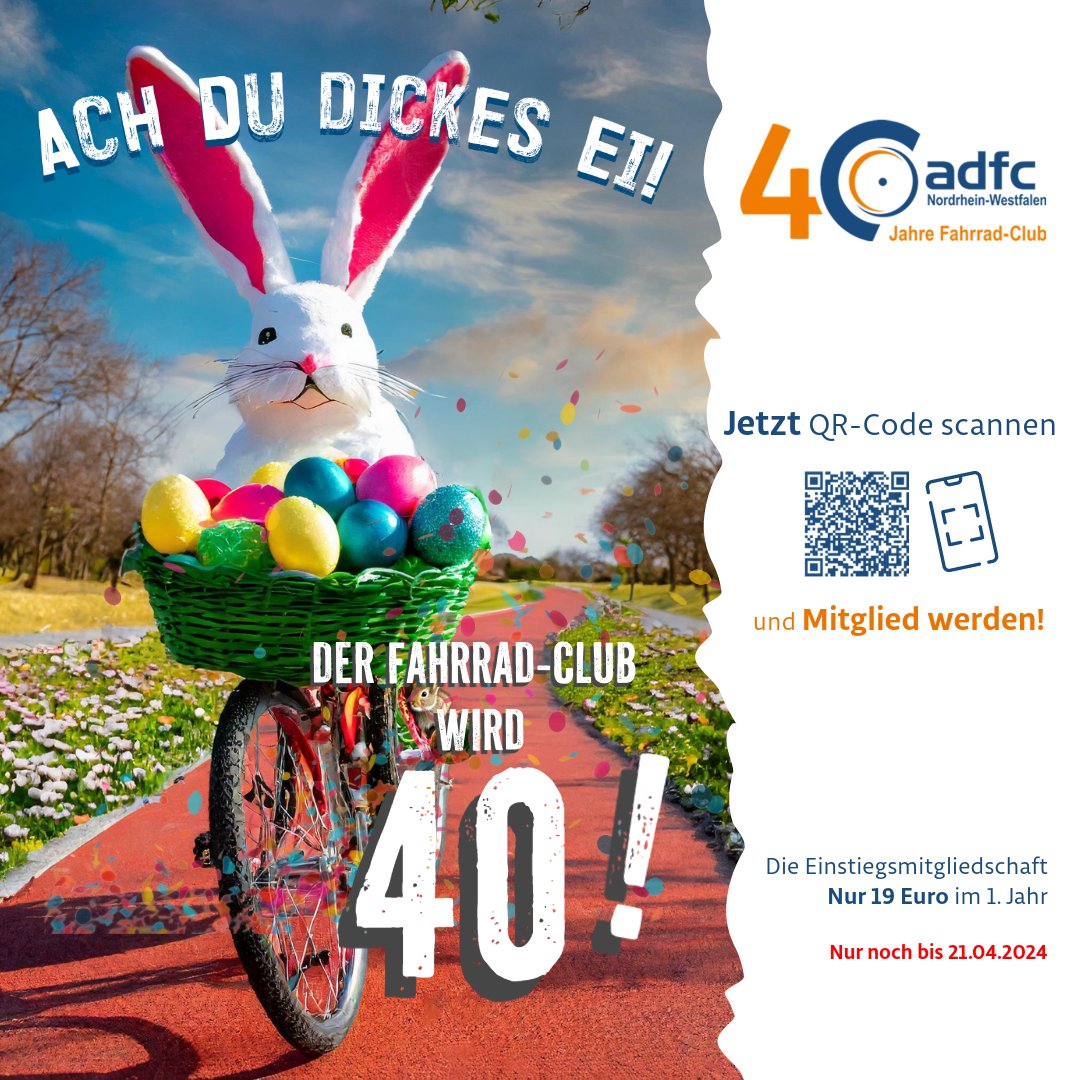 🚴‍♂️🎉 Feiere mit uns den 40. Geburtstag des Fahrrad-Clubs ADFC NRW! Werde Mitglied und setze dich für die Verkehrswende ein! 💪🌱 Mit nur 19€ im 1. Jahr gestaltest du unsere fahrradfreundliche Zukunft mit. Jetzt Mitglied werden: tinyurl.com/4ttpeh5e  #ADFCNRW #Verkehrswende