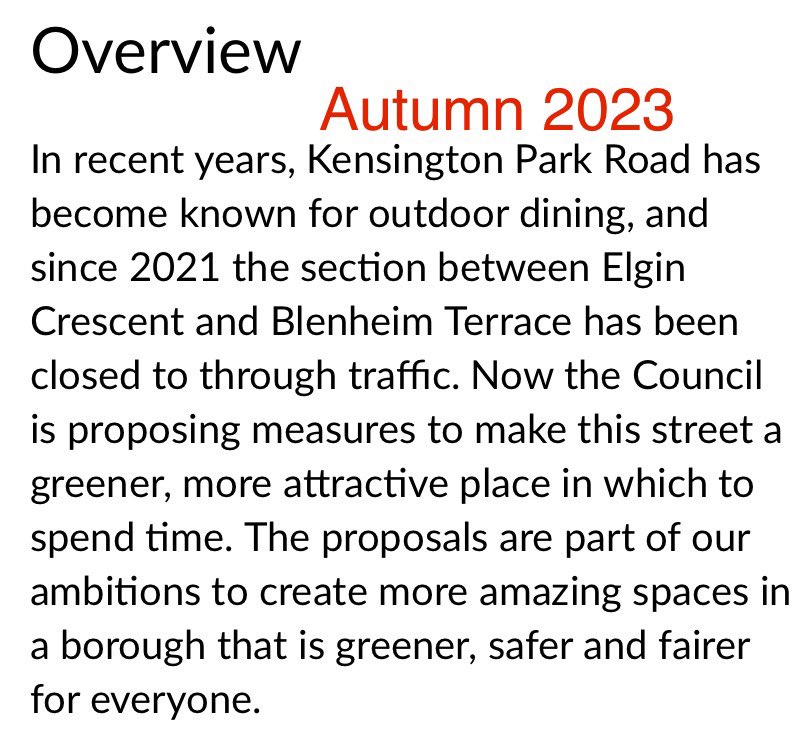 betterstreetskc's tweet photo. It’s confusing (politely) being an @rbkc resident taking part in consultations. 🚶‍♀️ 🚲 🦼 scheme on Kensington Park Road consulted late 2023. What happens next is… er, one councillor says “no forget that, add back through traffic”. Have your say https://t.co/4jEVEkBtCv https://t.co/mp6seh8iA7