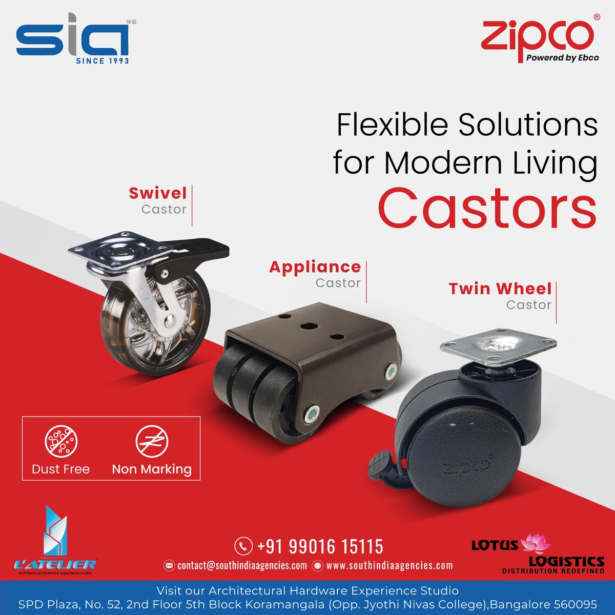 Experience the ultimate flexibility in modern living with castors by Zipco available at South India Agencies. 

📞+91 9901615115

#ZipcoCastors #FlexibleLiving #ModernMobility #FurnitureTransformation #SpaceAdaptability #DynamicLiving #SeamlessMovement #OrganizeYourSpace